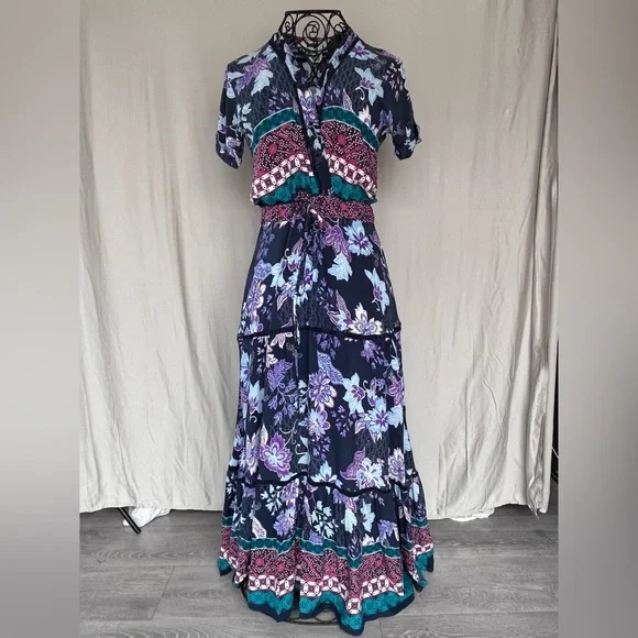 Jaase Boho Batik Style Print Tiered Maxi Dress in Navy and Lavender - Size S - Picture 4 of 12